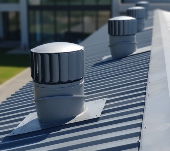 Roof ventilation whirlybirds installed on metal roofing Roof ventilation whirlybirds installed on a corrugated metal roof