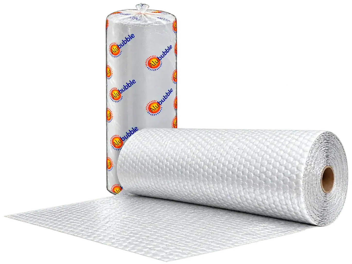 Packaged and open Alububble roofing insulation rolls