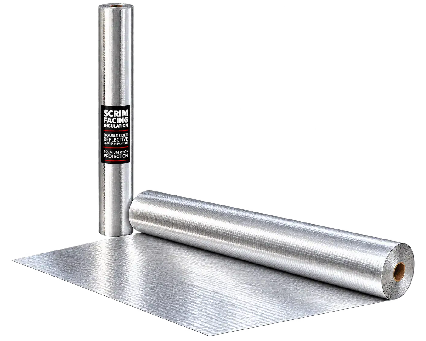Sealed Scrim Facing insulation roll beside an open roll showing the reinforced reflective foil
