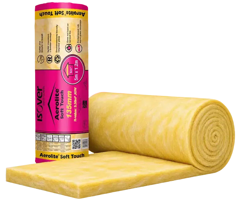 Aerolite Soft Touch ceiling insulation roll and yellow glasswool