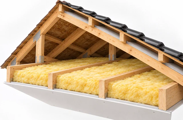 Yellow glasswool ceiling insulation installed between timber joists above a residential ceiling