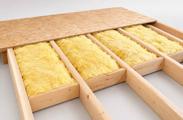 Yellow glasswool floor insulation installed between timber joists beneath a residential subfloor