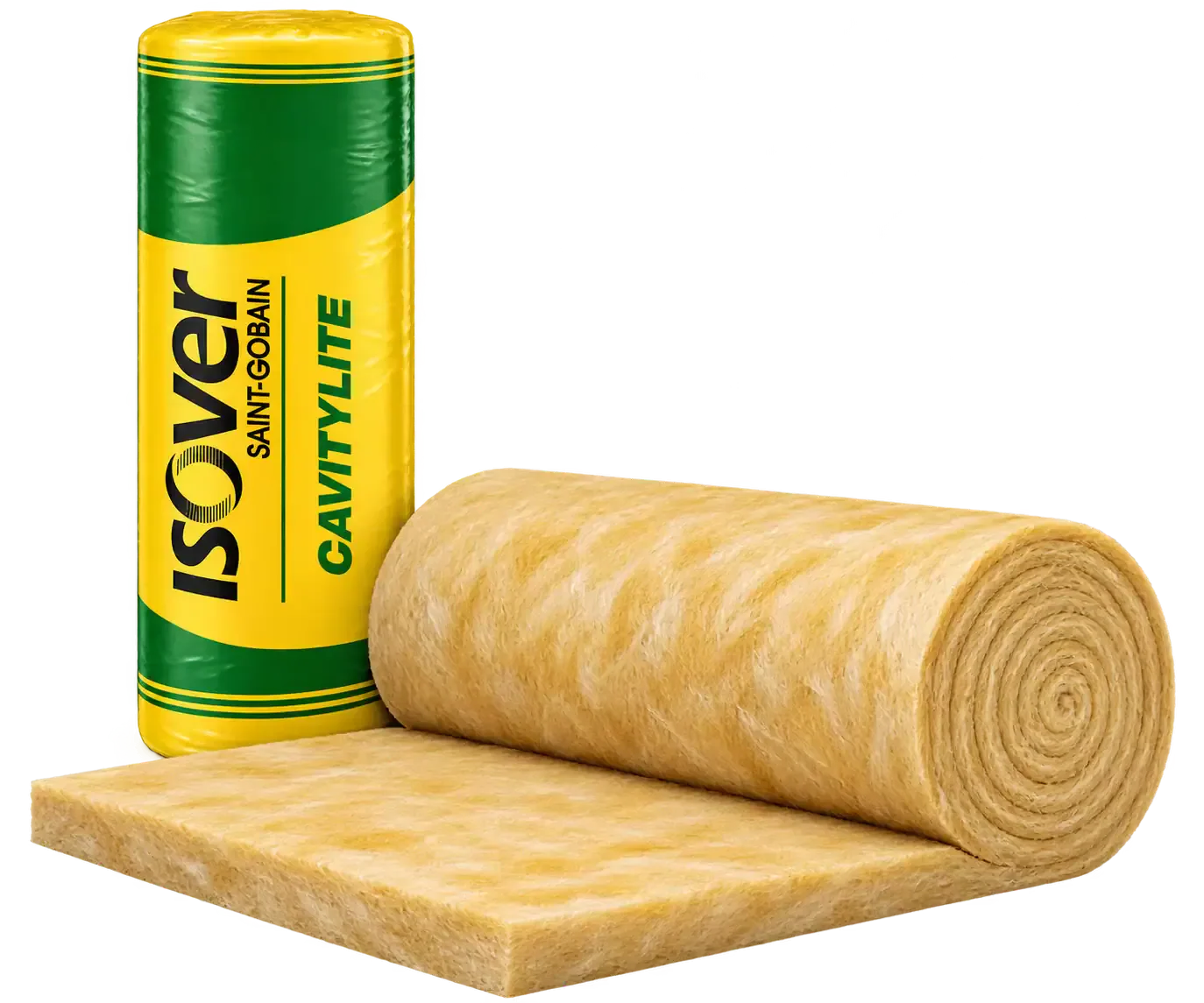 Isover Cavitylite sealed pack beside an open glasswool insulation roll