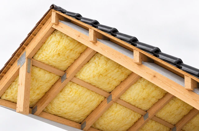 Yellow glasswool roof insulation installed between timber rafters beneath the tiled roof of a house