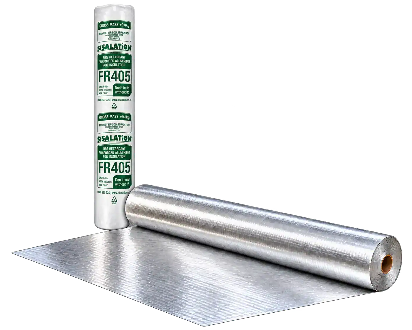 Sisalation FR405 roll beside an opened silver reinforced foil radiant barrier sheet