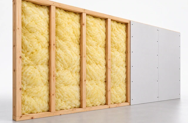 Yellow glasswool wall insulation installed between timber studs beside plasterboard